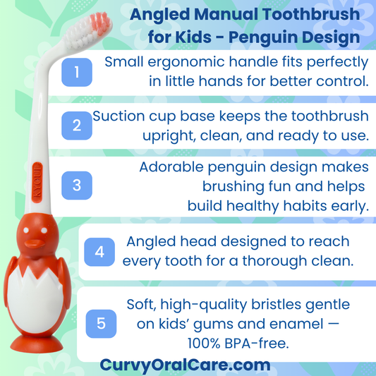Angled Manual Toothbrush for Kids – Penguin Design | Soft BPA-Free Bristles
