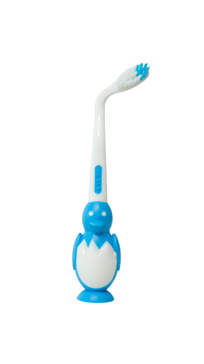 Angled manual toothbrush for kids with penguin design and soft BPA-free bristles