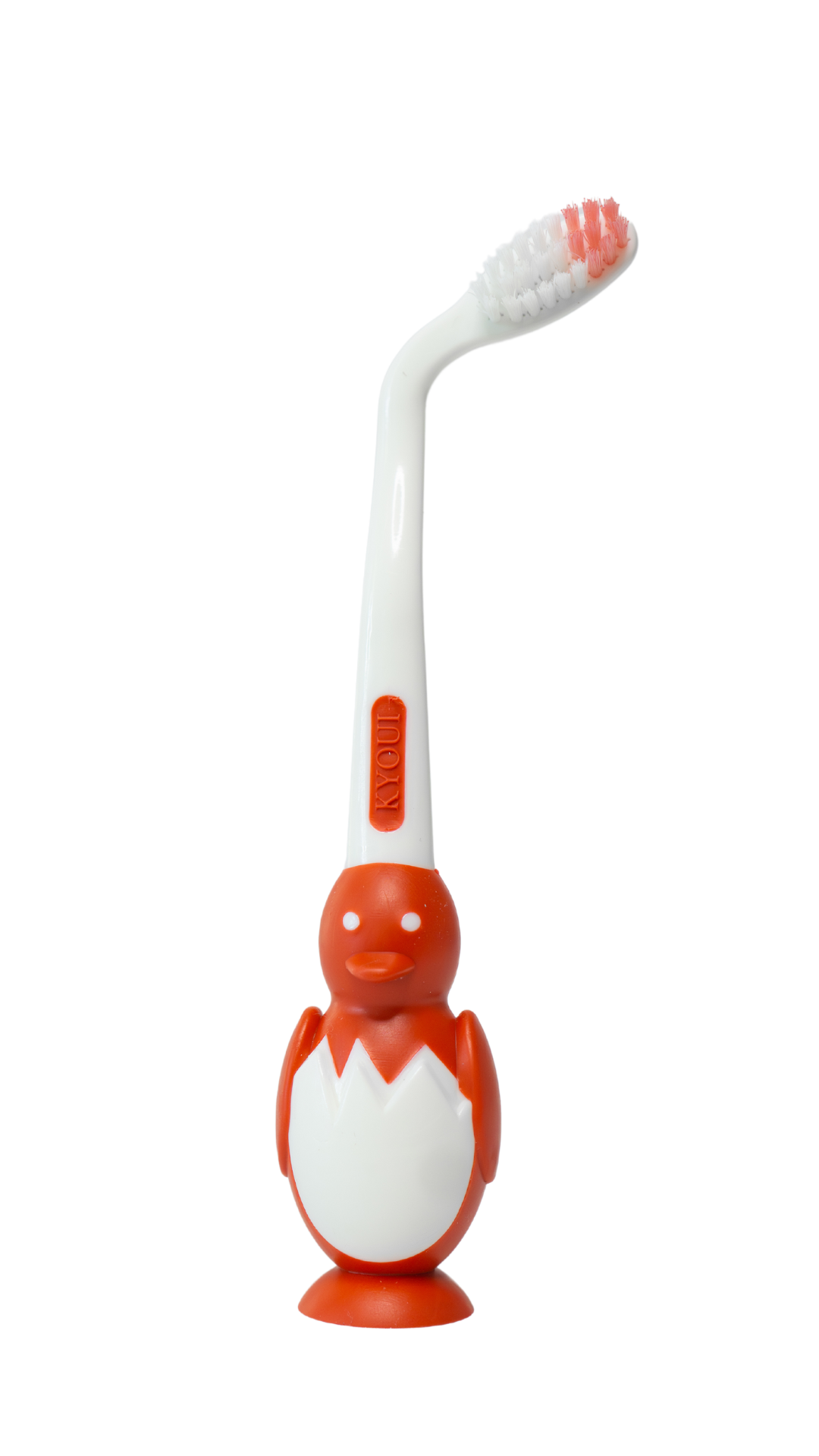 Children’s toothbrush with angled head, small handle, and suction cup base