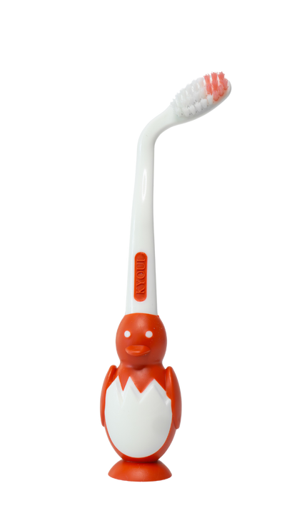 Children’s toothbrush with angled head, small handle, and suction cup base