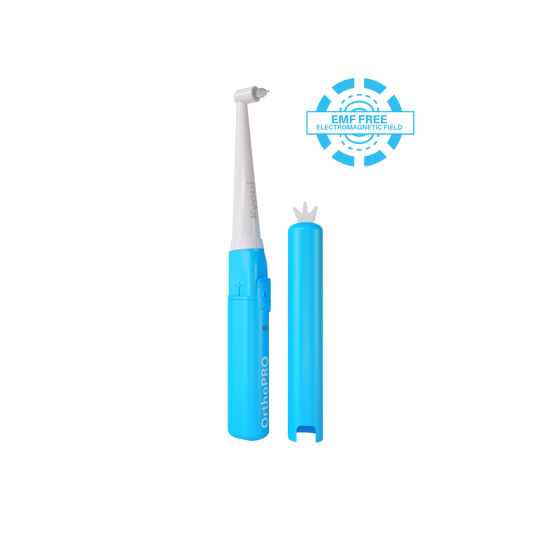 Orthoking Portable EMF-Free Sonic End-Tuft Toothbrush with precision brush head for cleaning around braces, orthodontic brackets, dental implants, crowns, bridges and along the gumline.