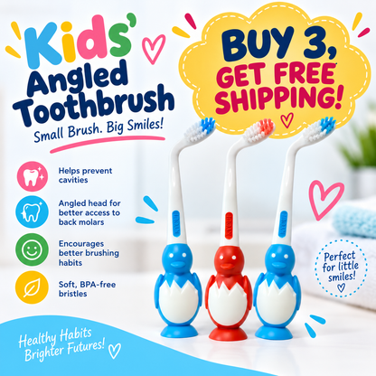 3 x Angled Manual Toothbrush for Kids – Penguin Design | Soft BPA-Free Bristles