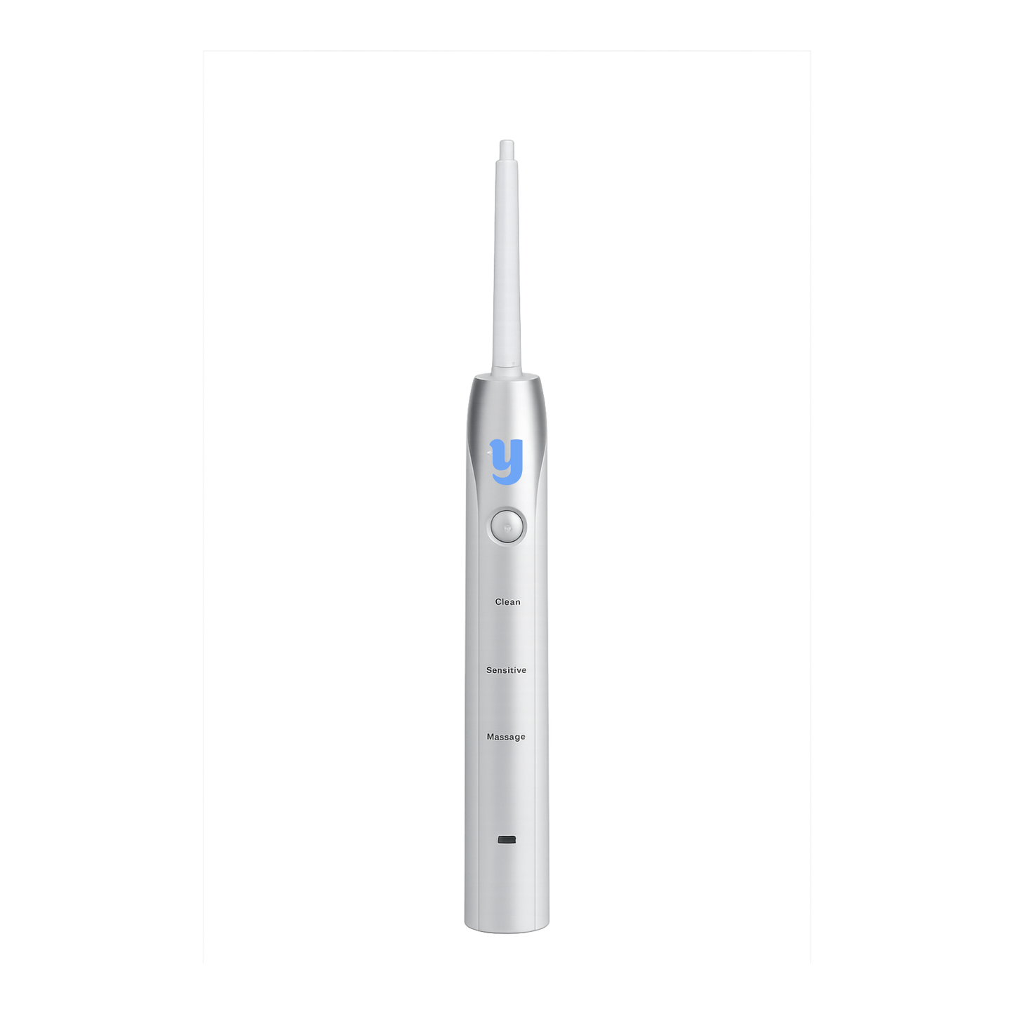 Y Sonic EMF-Free Angled Electric Toothbrush Handle with brush head shaft, rechargeable silver sonic toothbrush handle.