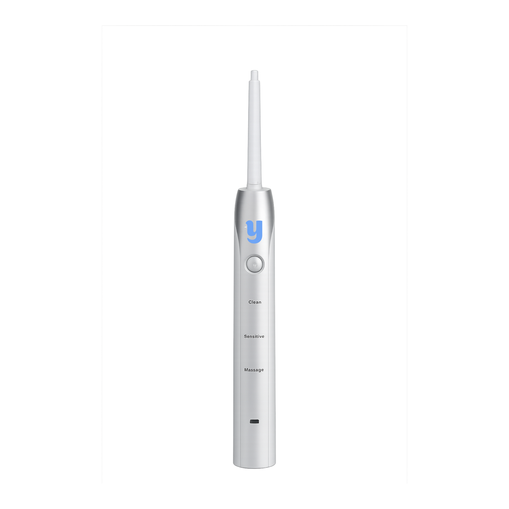 Y Sonic EMF-Free Angled Electric Toothbrush Handle with brush head shaft, rechargeable silver sonic toothbrush handle.