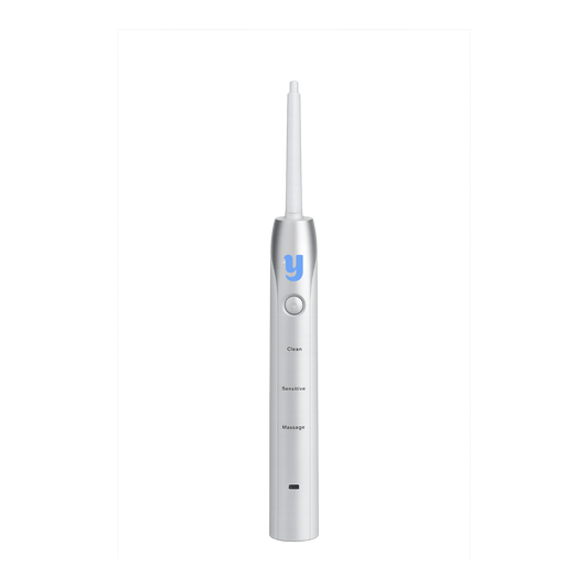 Y Sonic EMF-Free Angled Electric Toothbrush Handle with brush head shaft, rechargeable silver sonic toothbrush handle.