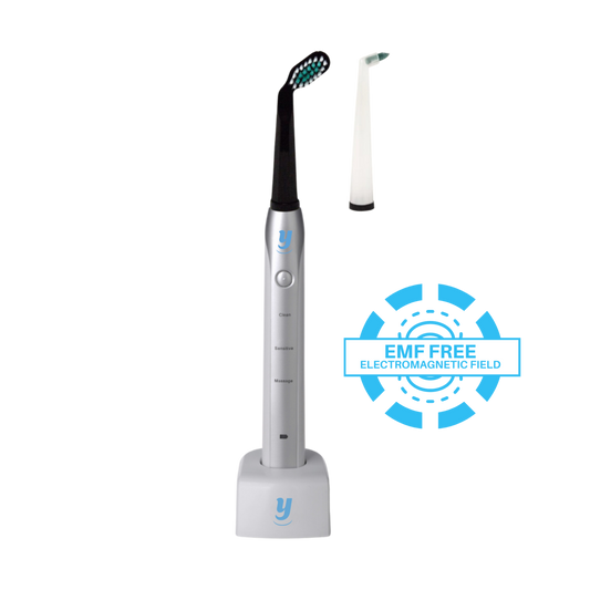 EMF-free angled sonic toothbrush by Curvy Oral Care with patented brush head