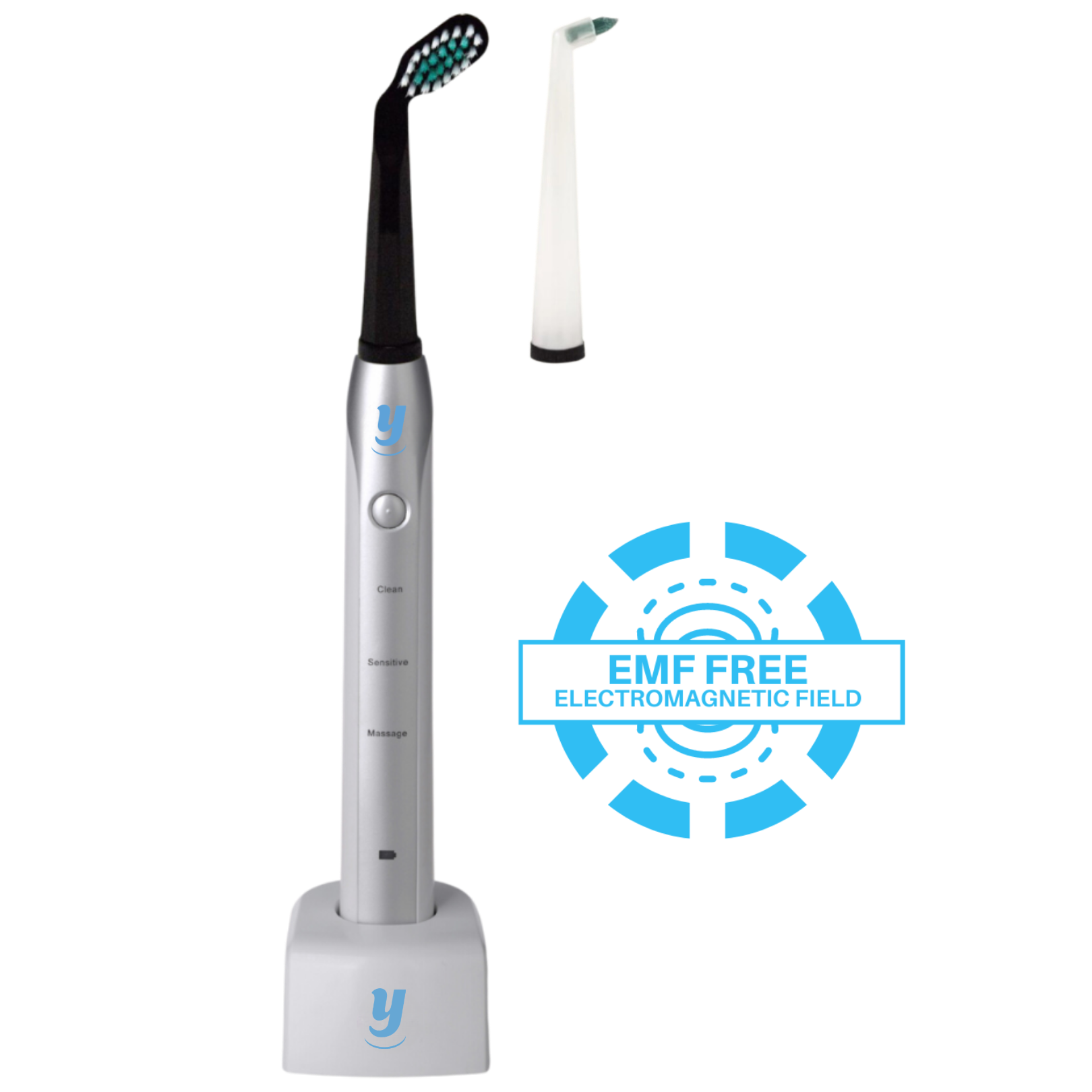 EMF-free angled sonic toothbrush by Curvy Oral Care with patented brush head