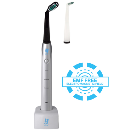 EMF-free angled sonic toothbrush by Curvy Oral Care with patented brush head