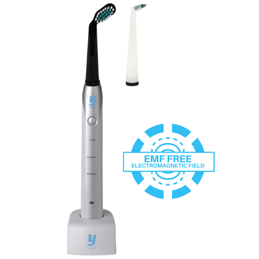 EMF-free angled sonic toothbrush by Curvy Oral Care with patented brush head