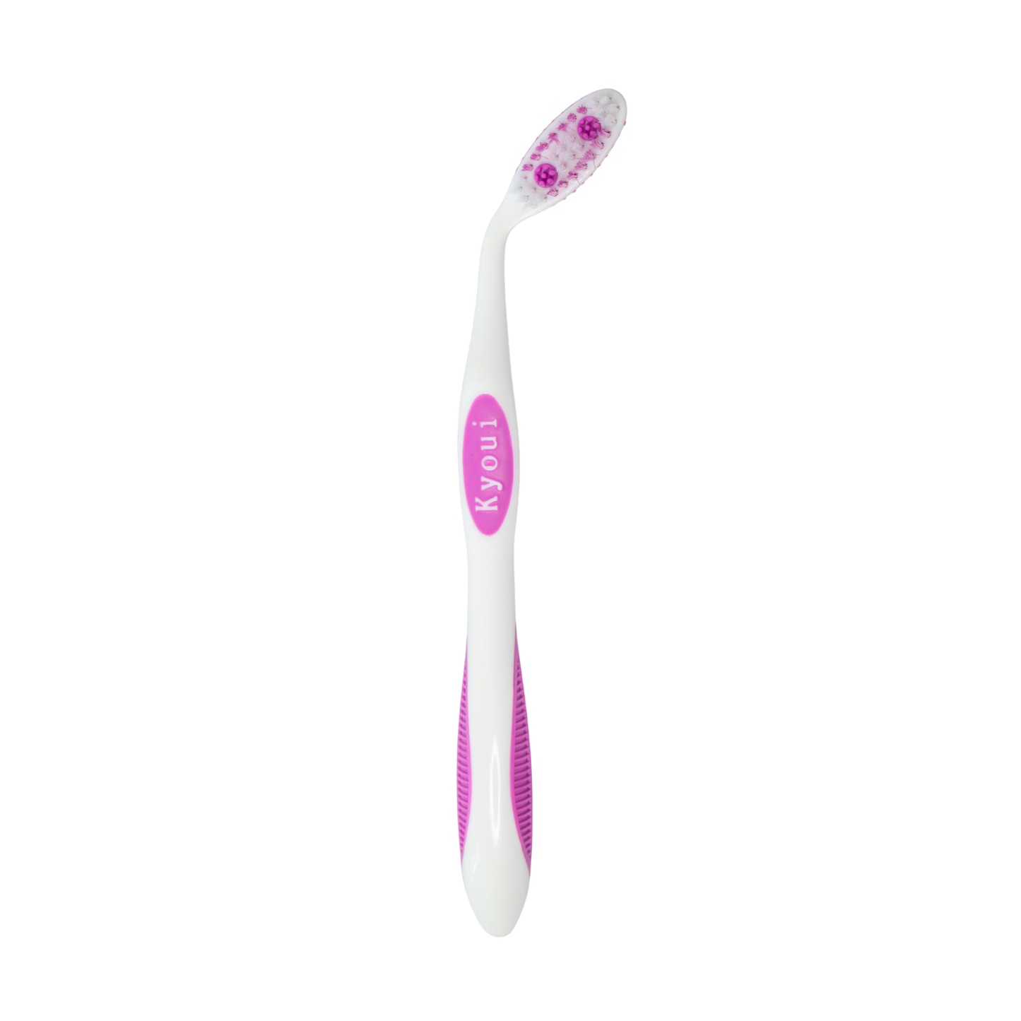Curvy manual angled toothbrush with 45° ergonomic head for better gumline and back teeth cleaning.